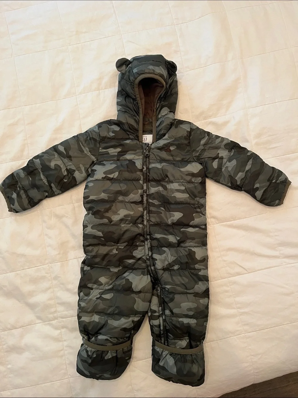GAP Baby Camouflage Puffer Snowsuit in Olive and Gray
